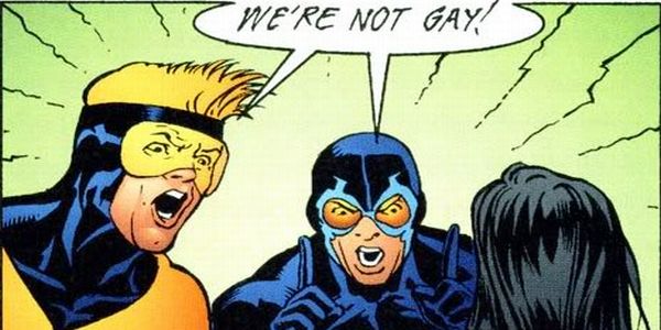 Panel with superheroes blue beetle and booster gold shouting in union were not gay.
