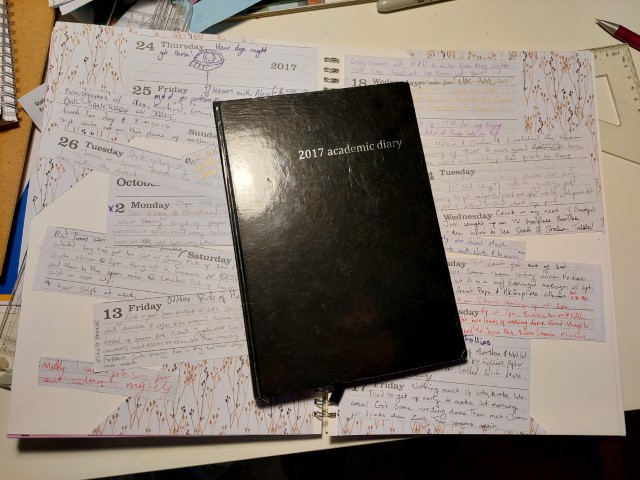 Doublepage spread of text scraps with a 2017 diary on top
