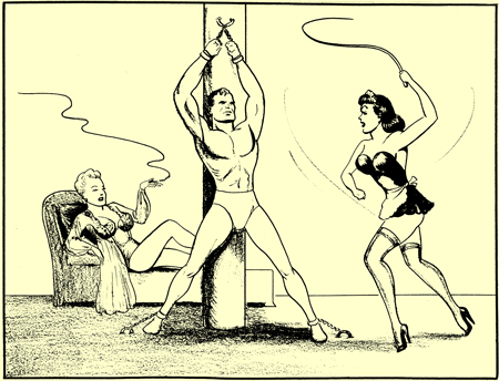 Pencil drawing by Joe Shuster. Same art style as his early superman comics. A buff man is cuffed to a post. His body stretched out and vulnerable to the whips of the black hair maid in stockings and very high heels. Behind them is a second woman. Smoking him her underwear on a chaise longue. He really looks like superman and the black haired woman has the same face as Lois Lane.