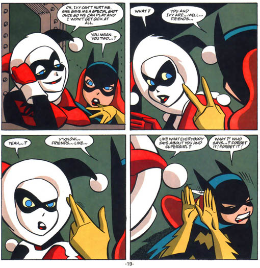 Four panels from a comic. Batgirl is asking Harley Quinn is she and Ivy are well friends like y'know friends.