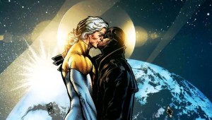 Two men kiss. One with long white hair and a gold and white skin tight hero-ing suit the other coated in black leather. They stand on the viewing deck of a space ship in earth orbit. Behind them is earth and the stars. It's not from Orlandos run but the first midnighter solo comic.