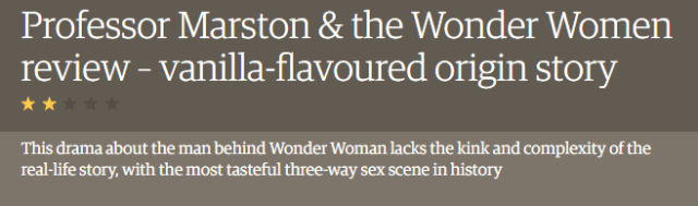 Screenshot from the Guardian website reading "Professor Marston & the Wonder Women review - vanilla-flavoured origin story" two stars This drama about the man behind Wonder Woman lacks the kink and complexity of the real life story, with the most tasteful three-way sex scene in history