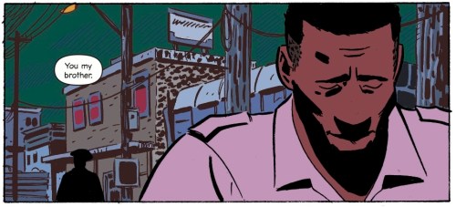 Panel from Virgil showing the title character, a black man in his thirties, walking away from the silhouette of his friend, a sad tired look on his face. The art uses bold lack lines and block colour colouring.
