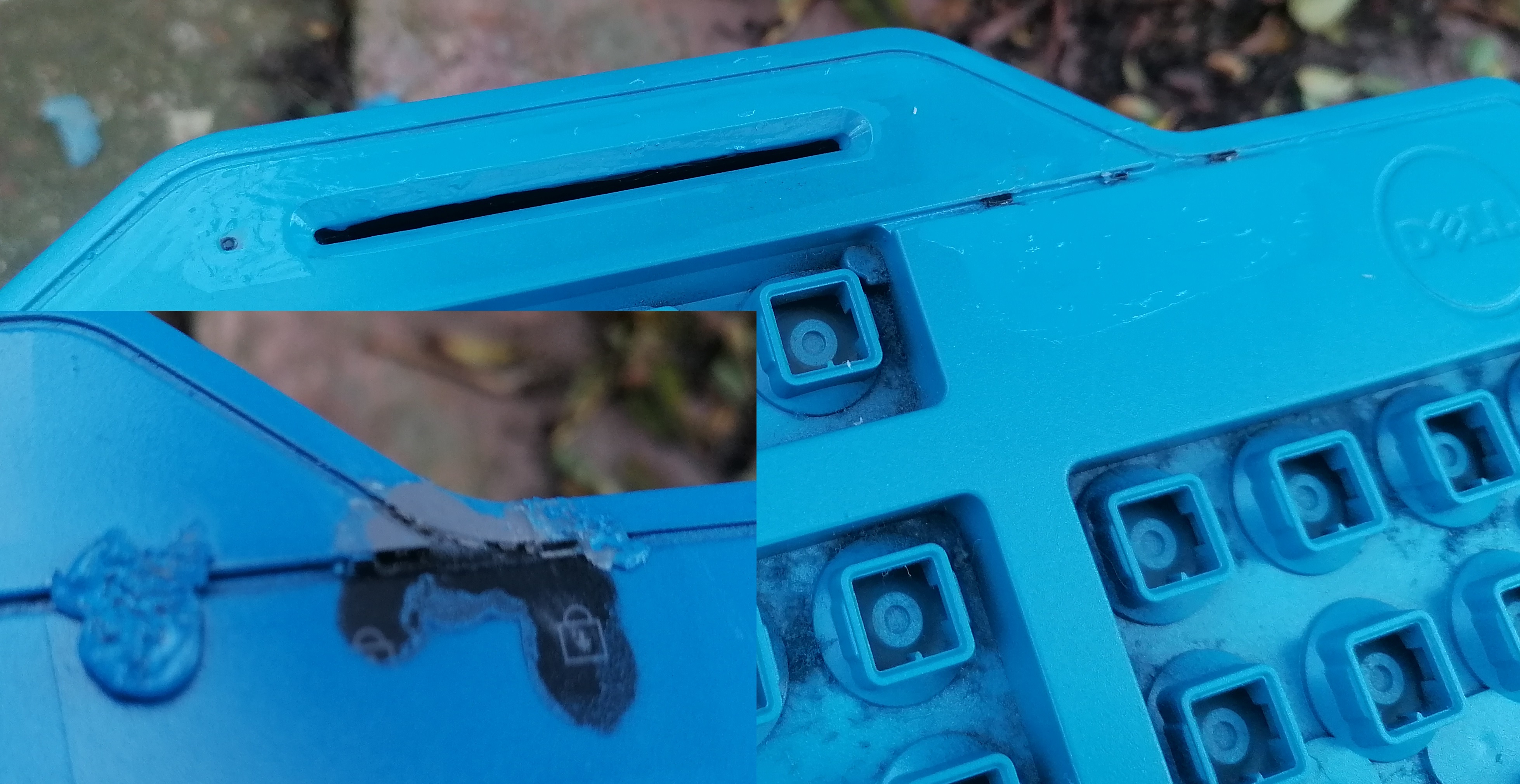 Close up of keyboard with streaky blue paint around the lights. Inset image is wax over the lights. The wax is painted blue.