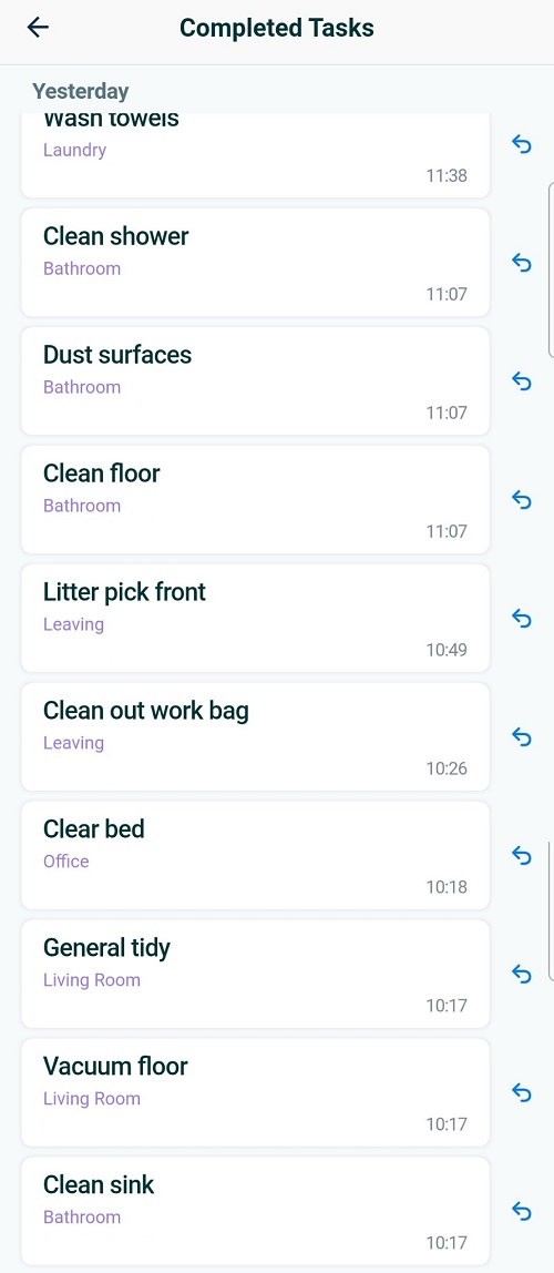 Screenshot of Hometasker app showing cleaning chores completed yesterday morning
